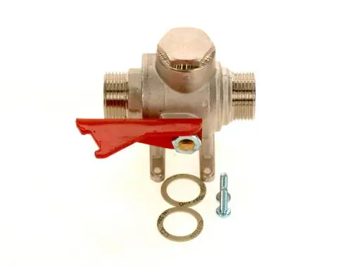 BOSCH Ventil mit rotem Hebel und zwei Anschlussgewinden. Es liegt Zubehör wie Unterlegscheiben und Schrauben daneben.